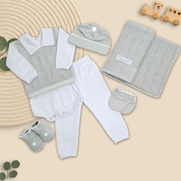 Conjunto Saida Maternidade Completa Recem Nascido Menino 7 peças Cinza com Branco