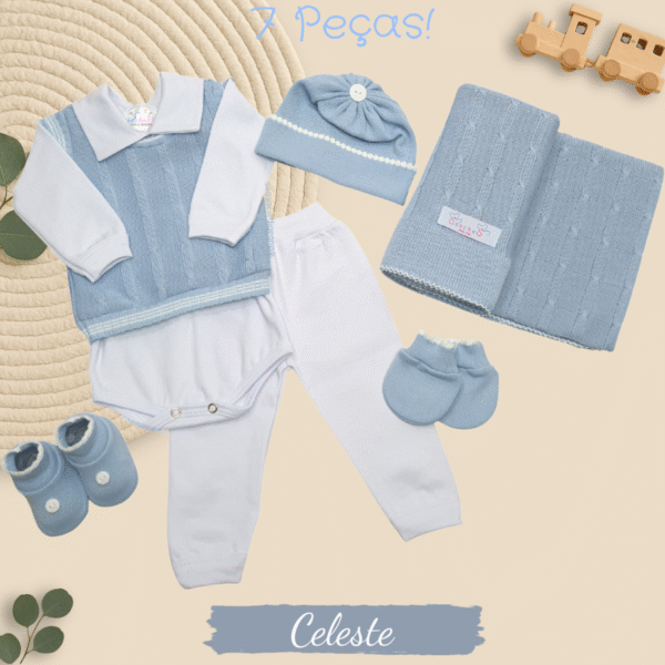 Conjunto Saida Maternidade Completa Recem Nascido Menino 7 peças Azul Celeste