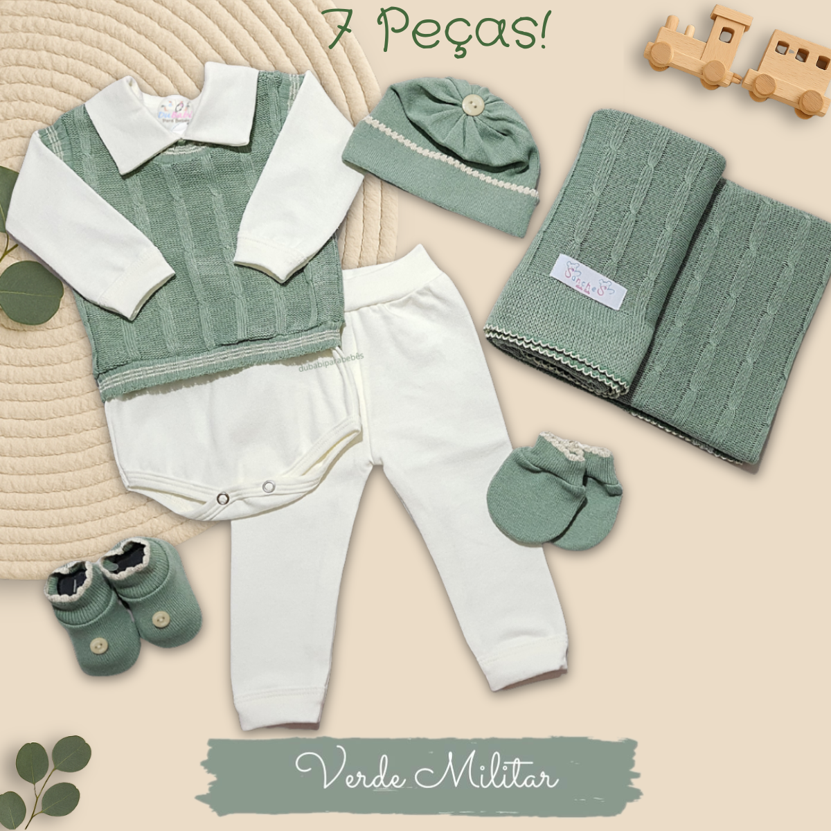 7 Peças! (2) Conjunto Saida Maternidade Completa Recem Nascido Menino 7 peças Verde Militar - Imagem 1