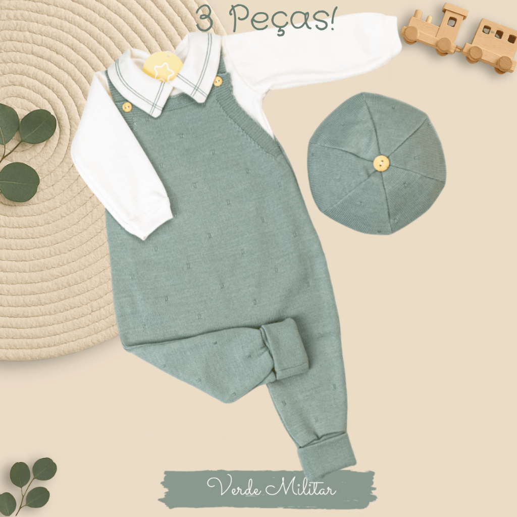 b46b6ab3dc7fc8b68e8c2d8cd28d0c62.jpeg Kit Saída de Maternidade Menino RN – Jardineira Tricô com Body e Boina - Imagem 1