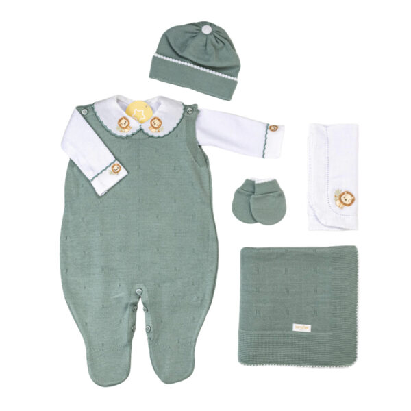 Saída de Maternidade Macacão Safari Leão e outros – 6 Peças Bordadas | Tamanho RN