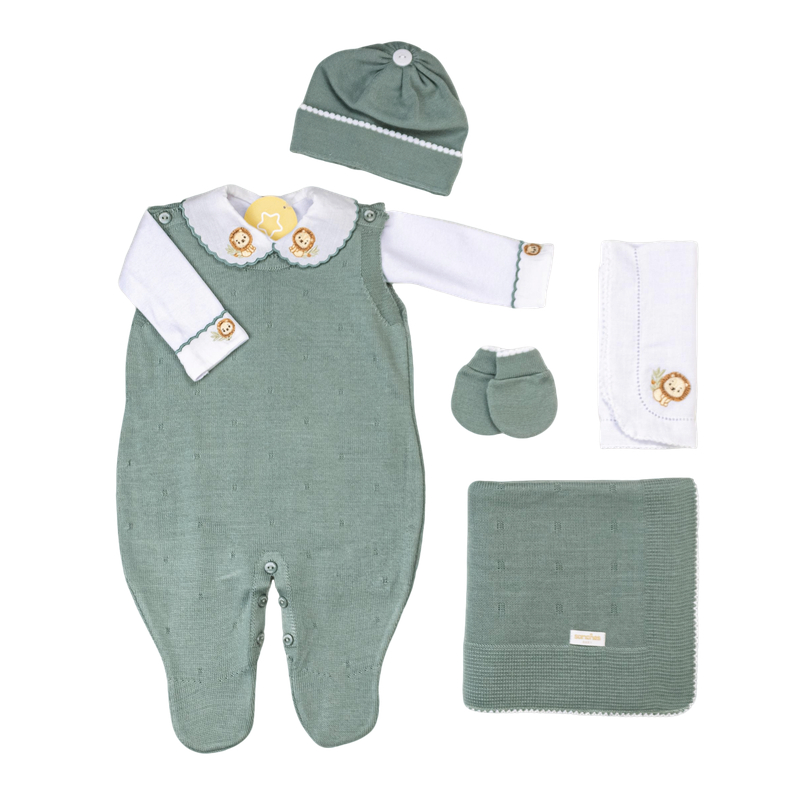 caf9892e5f3686ff8181636b82827f85.jpeg Saída de Maternidade Macacão Safari Leão e outros – 6 Peças Bordadas | Tamanho RN - Imagem 1